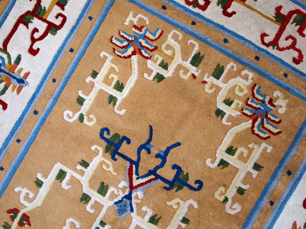 Handmade vintage Art Deco Chinese rug 3.9' x 6.9' ( 120cm x 213cm ) 1960s