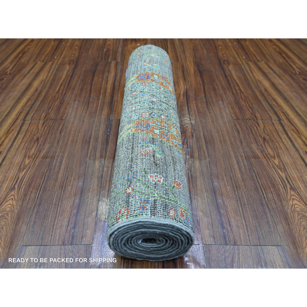 Echo Gray Wool Hand Knotted Folk Art Willow Cypress Tree Design Rug  2'5"x11'2"