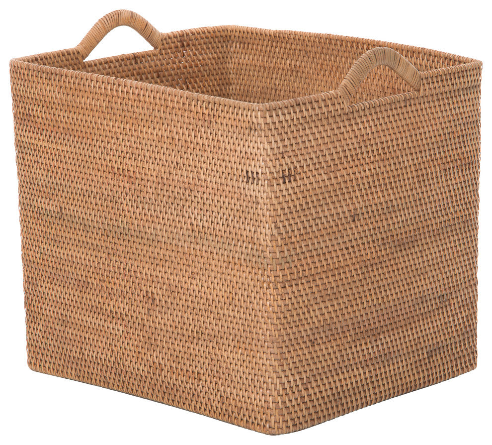 Loma Rectangular Tall Decorative Rattan Storage Basket with Ear Handles, Large, Honey Brown