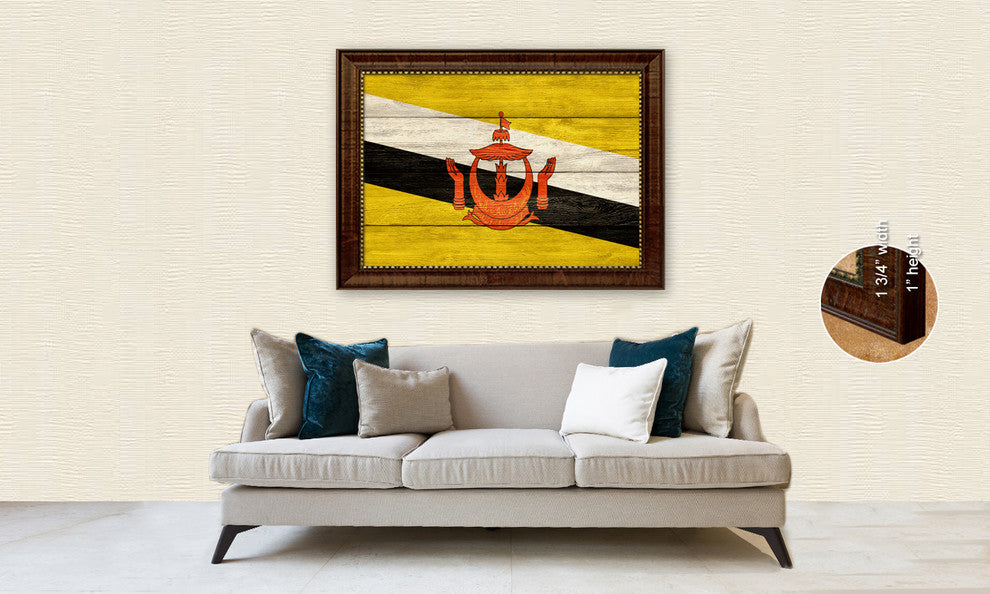 Brunei Darussalam Country Textured Flag Print With Brown Gold Frame, 15"X21"