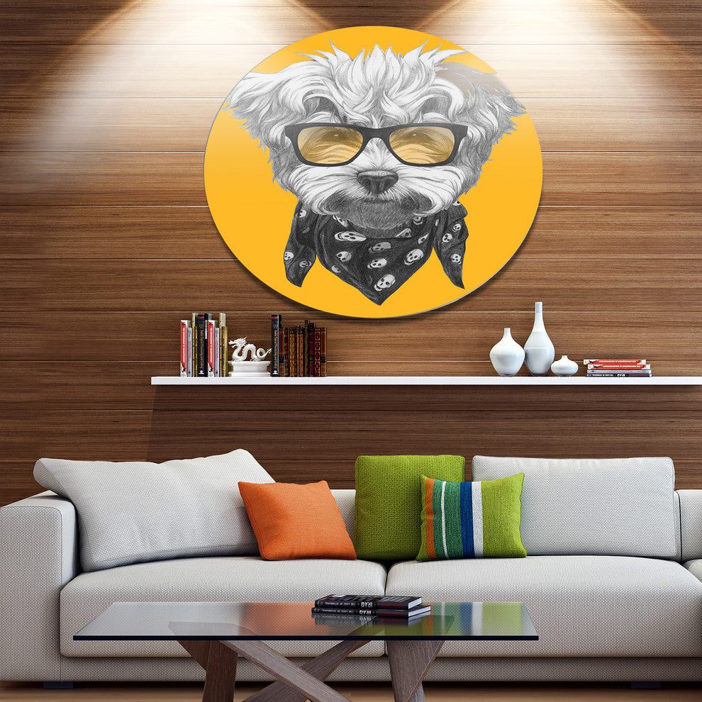 Maltese Poodle With Sunglasses, Modern Animal Round Metal Wall Art, 11"