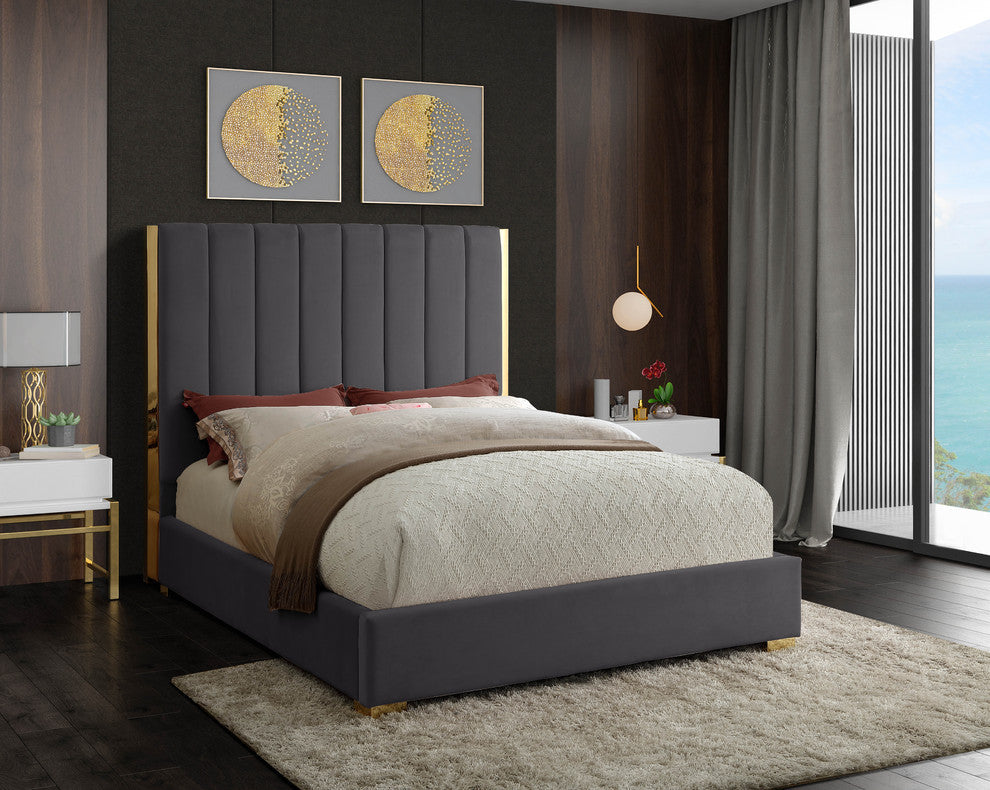 Becca Velvet Upholstered Bed, Gray, Full