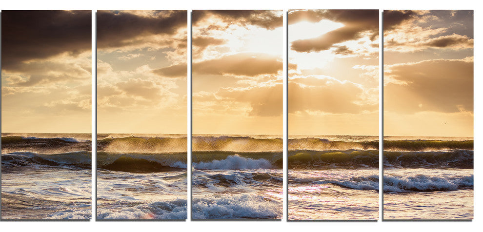 "Sunrise and Roaring Blue Sea Waves" Beach Canvas Wall Art, 5 Panels, 60"x28"