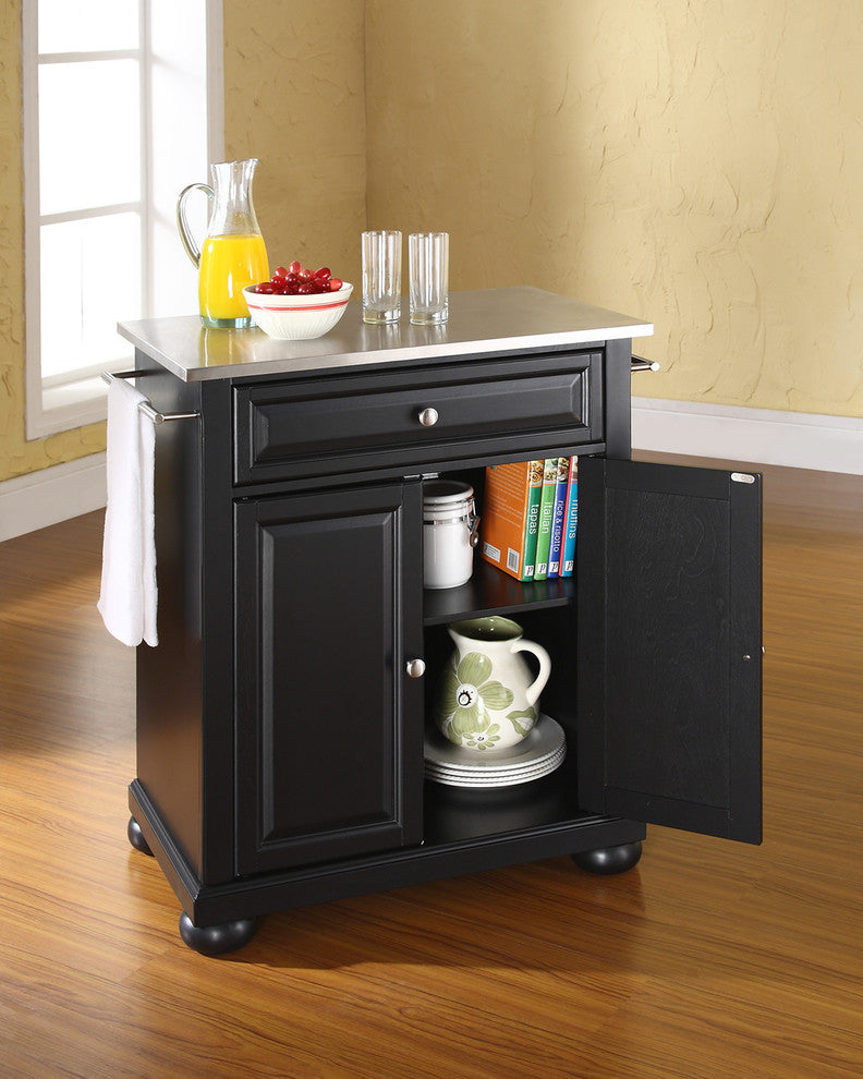 Alexandria Stainless Steel Top Portable Kitchen Island, Black Finish