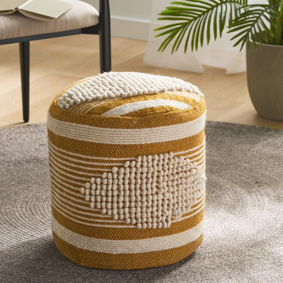 Villard Boho Handcrafted Fabric Cylinder Pouf, White + Mustard Yellow