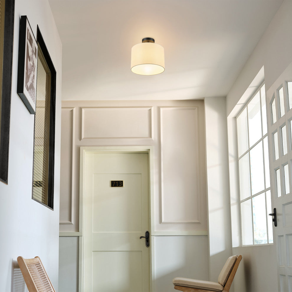 Jonas 1-Light Matte Black Flush Mount Ceiling Light with Beige Linen Shade