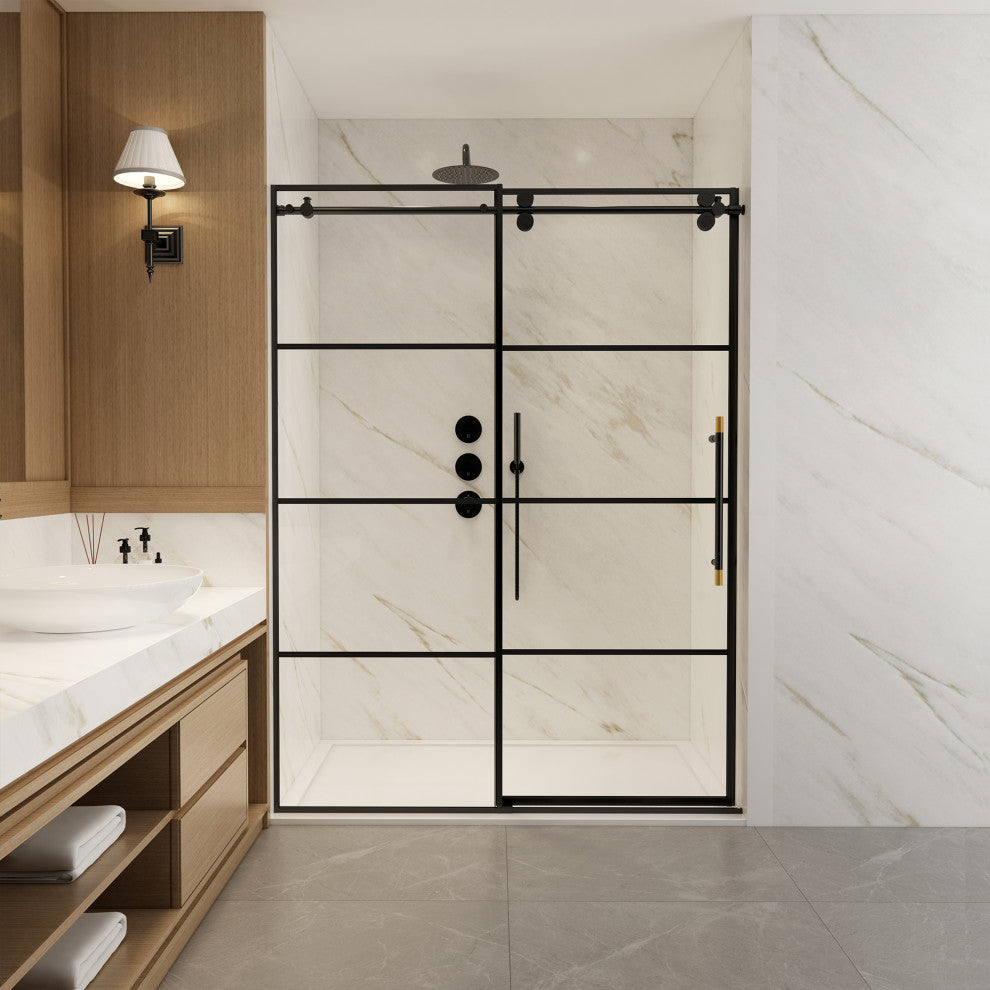 Losar Single Sliding Framed Shower Door, Matte Black, 56" W X 78"h