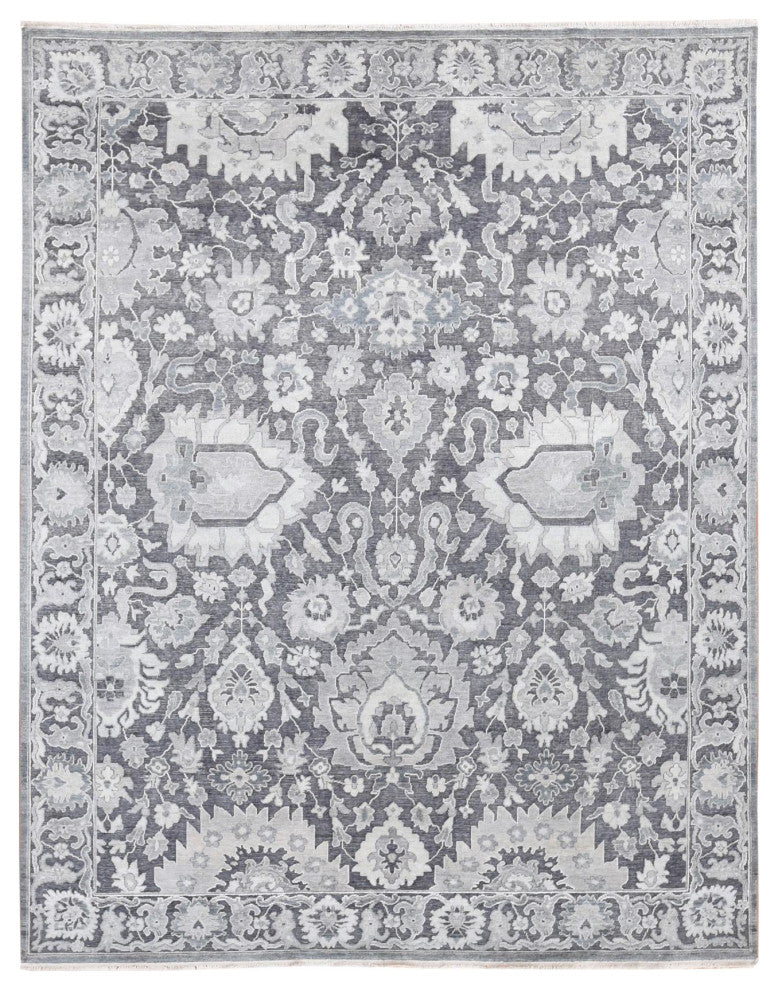 Thunder Gray, Hand Knotted Oushak Influence Silk Wool Oriental Rug, 7'9"x10'