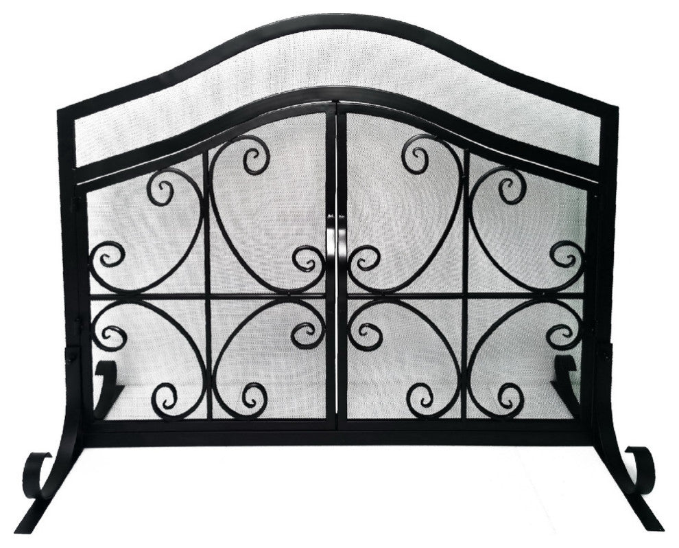 43 Inches 2 Door Iron Fireplace Screen, Mesh Design, Scrollwork, Black