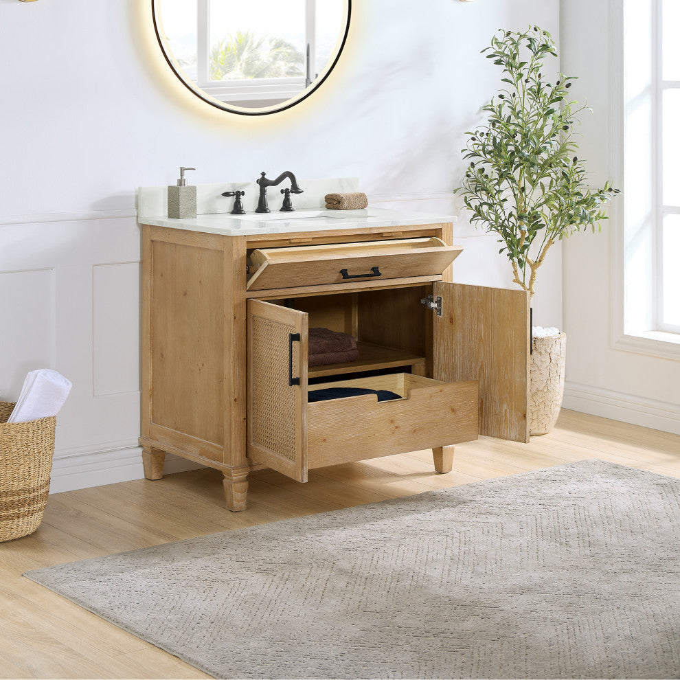 Solana Bathroom Cabinet Vanity Base, Weathered Fir, 36", Without Mirror