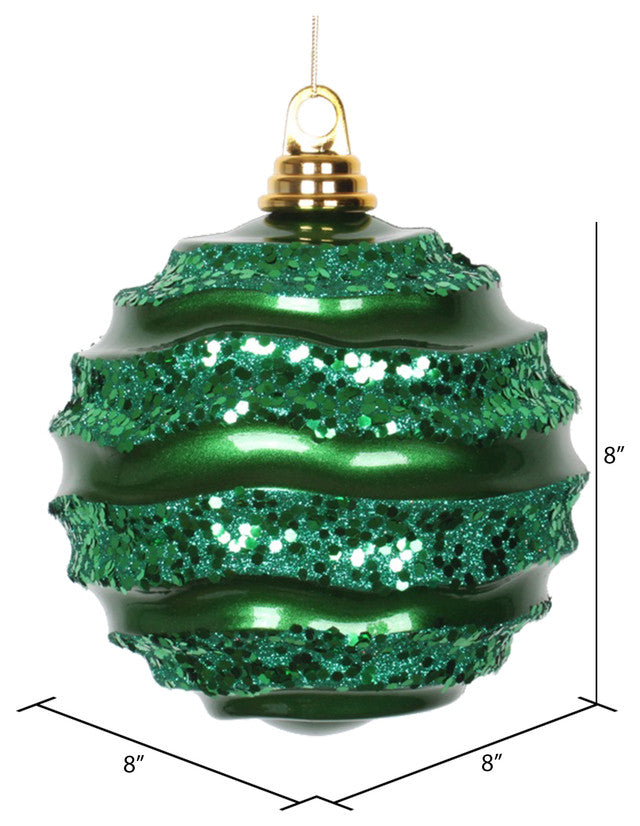 Vickerman M132104 8" Green Stripe Candy Finish Wave Ball Christmas Ornament