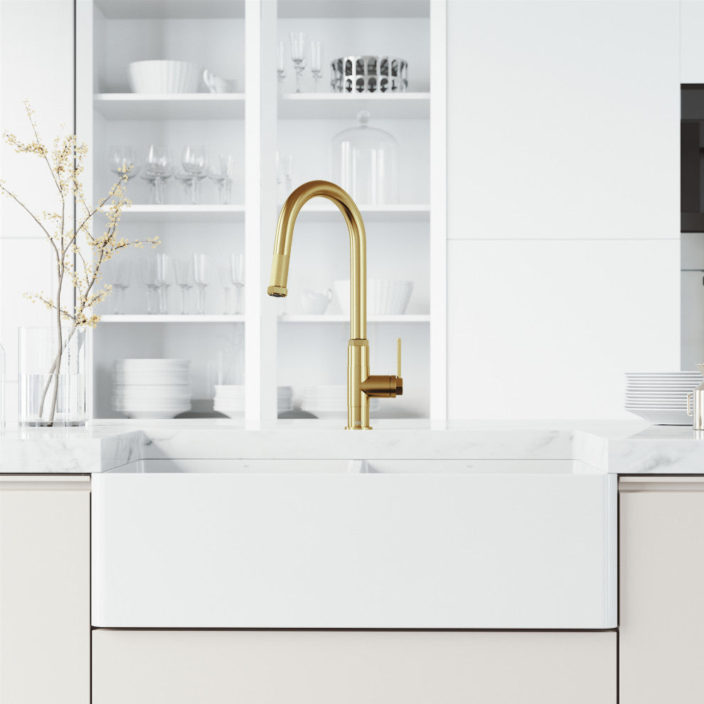 VIGO Hart Arched 18" H Single Handle Pull-Down Kitchen Faucet, Matte Brushed Gold, Without Extras