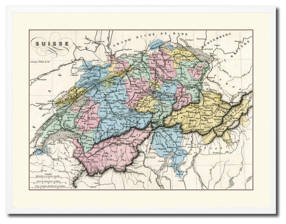 Switzerland Vintage Old Map Print On Canvas With Picture Frame 28" X 37"