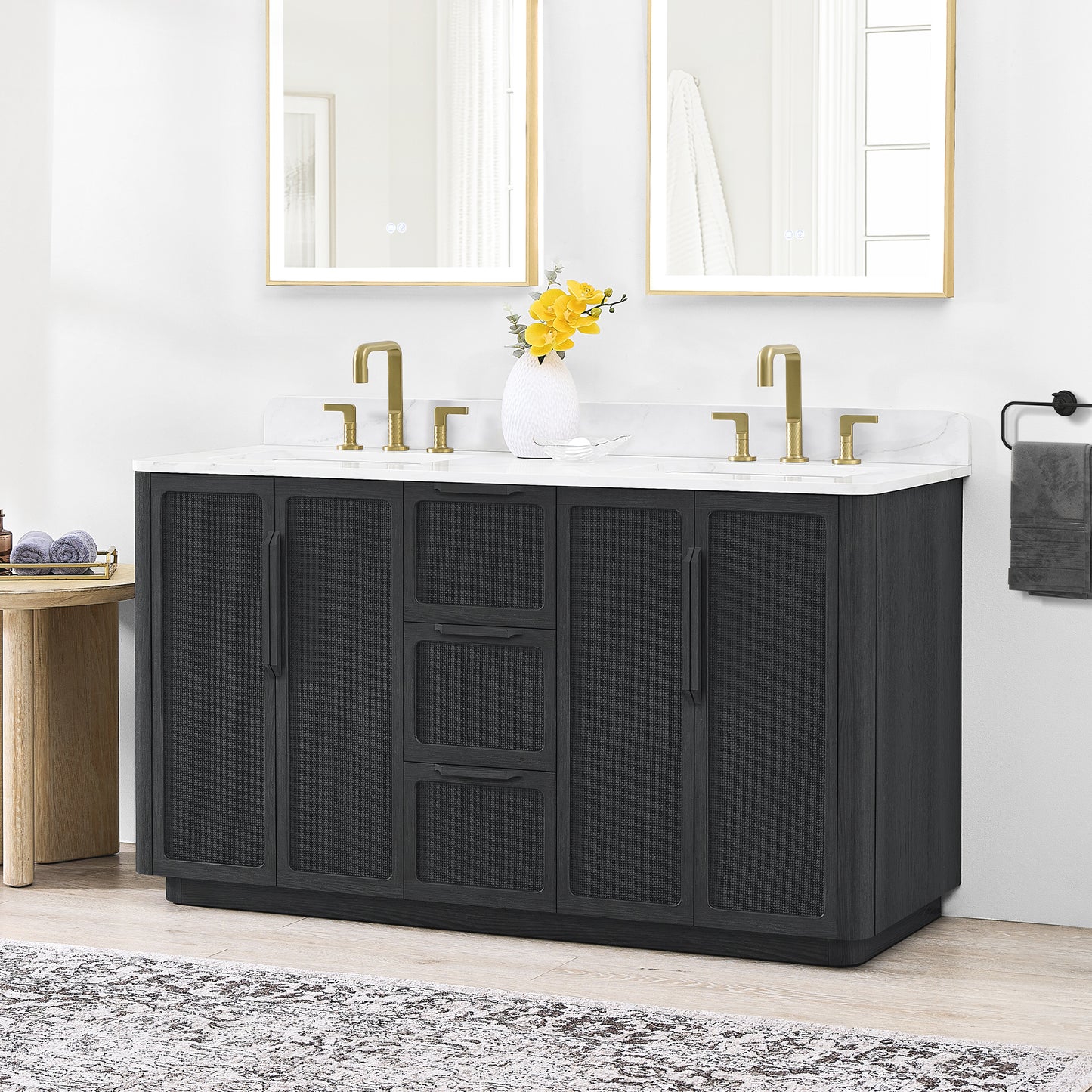 Busan Bath Vanity, Quartz Top No Mirror, Oak Classic Black, 60", Double Vanity