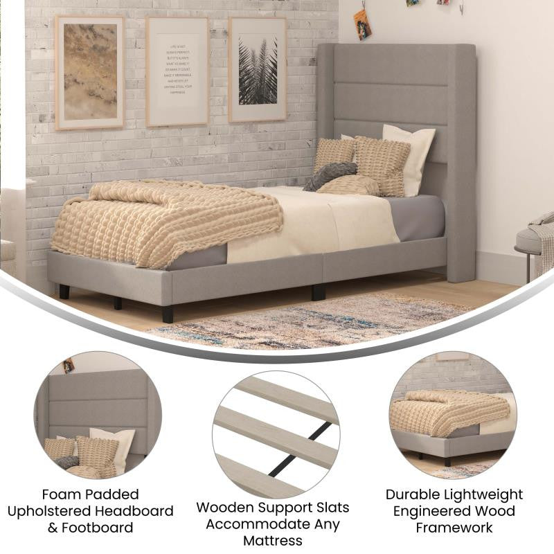 Hollis Upholstered Platform Bed with Wingback Headboard w/Mattress Foundation, Gray, Twin