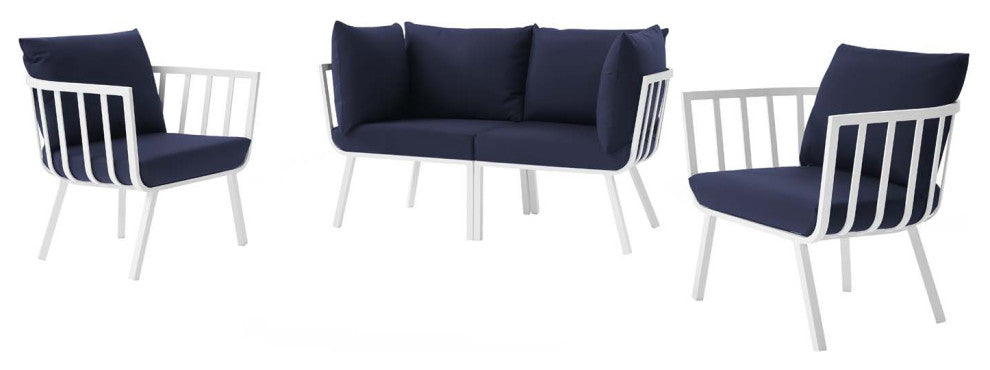 Lounge Sectional Sofa Chair Set, Aluminum, Metal, White Blue Navy, Outdoor