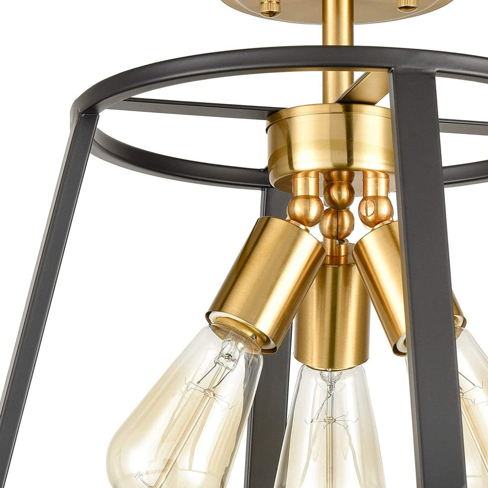 3 Light Semi Flush Mount, Cage Ceiling Lamp, Brass and Black