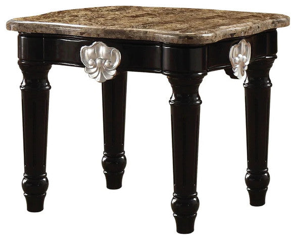 Benzara BM185795 Marble Top End Table With Carved Motif Turned Wood Legs, Black