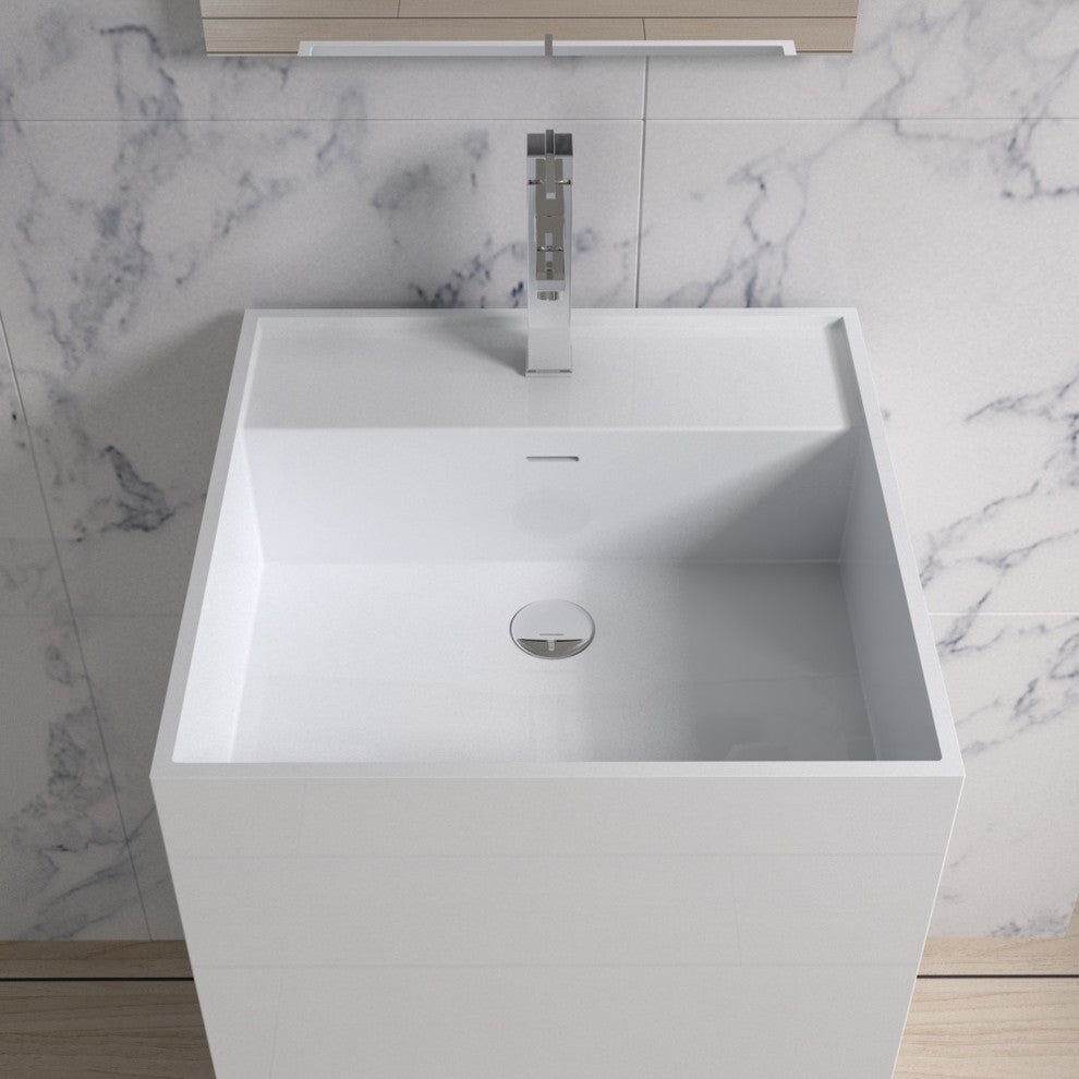 ADM Cubed Freestanding Pedestal Sink, White, 19", Glossy White