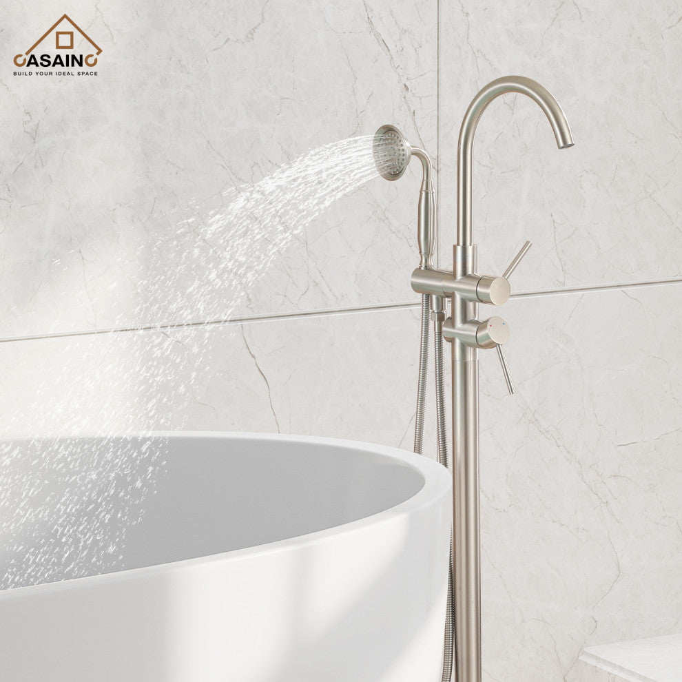 6 GPM Freestanding Bathtub Faucet with Hand Held Shower and Double Handle, Brushed Nickel