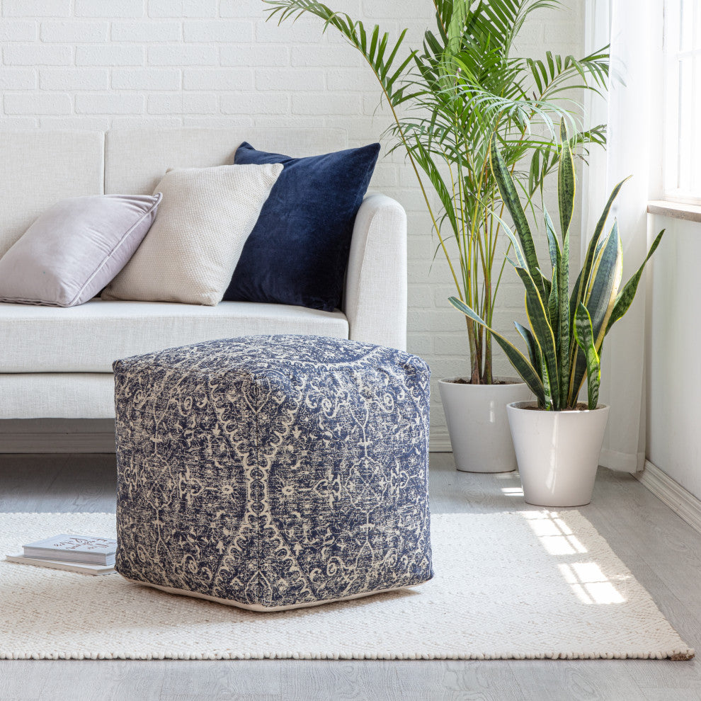 Hanalei 20" x 20" x 20" Blue and Ivory Pouf