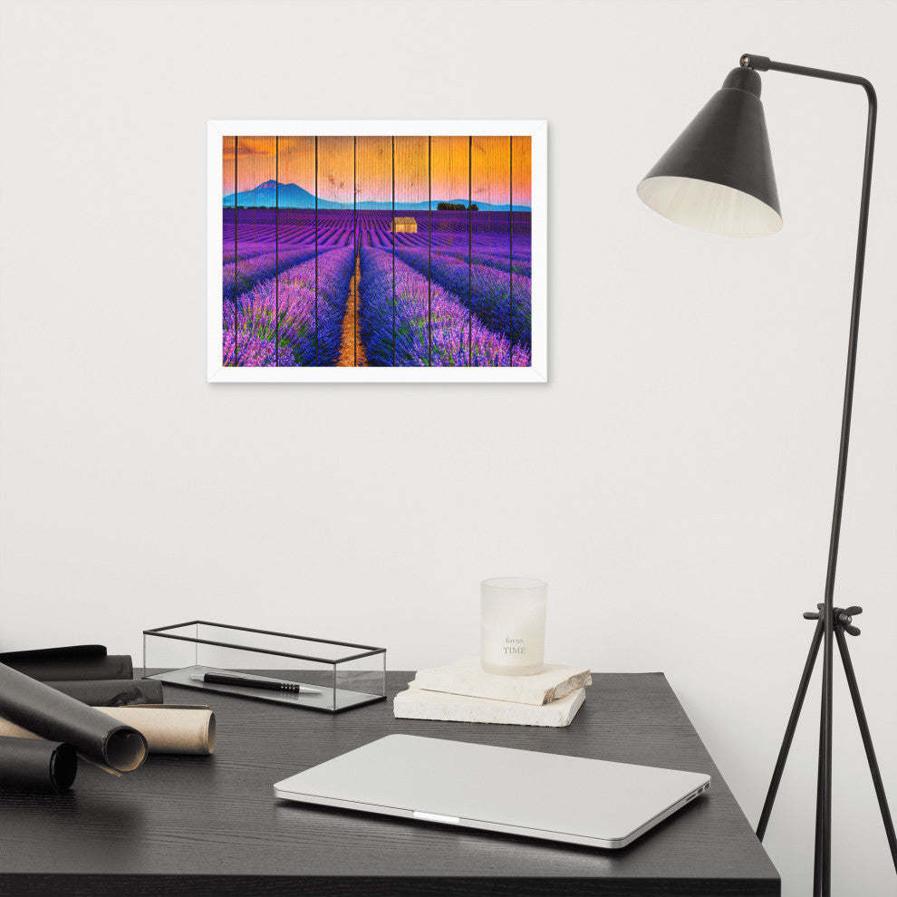 Faux Wood Lavender Fields and Sunset Landscape Framed Photo Paper Wall Art Print, White, 12" X 16"
