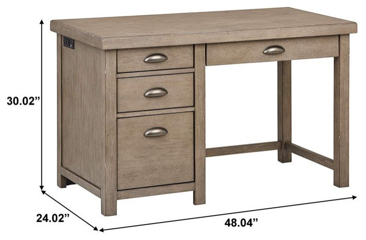 Rustic Transitional Desk, Charging Station & Drawers With Curved Handles, Gray
