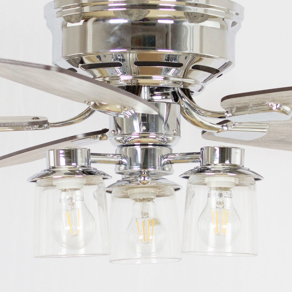 52 in Modern Flush Mounted Ceiling Fan in Chrome with Remote Control, 5 Blades