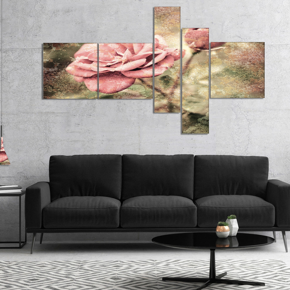 Vintage Pink Roses with Water Drops, Floral Art Canvas Print, 60"x32", 5 panels