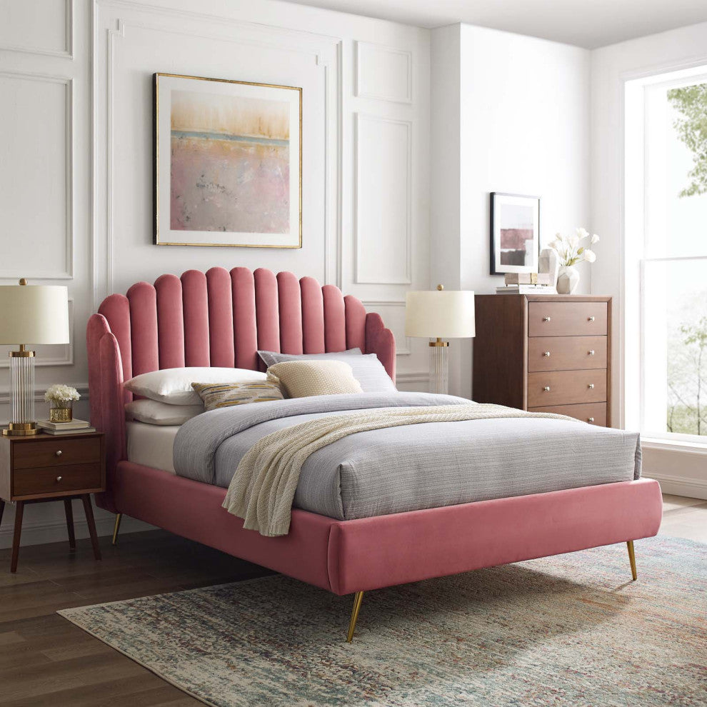 Platform Bed Frame, Queen Size, Velvet, Pink, Modern Contemporary, Bedroom