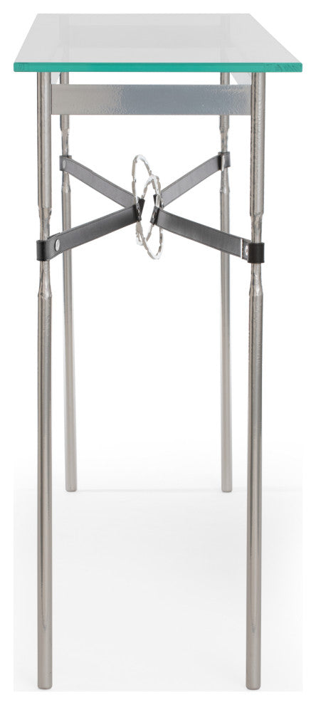 Equus Console Table, Sterling Finish - Sterling Accents - Black Leather Strap
