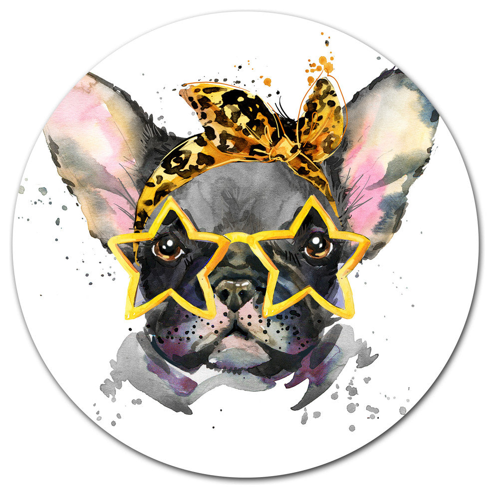 French Bulldog With Star Glasses, Animal Round Metal Wall Art, 36"