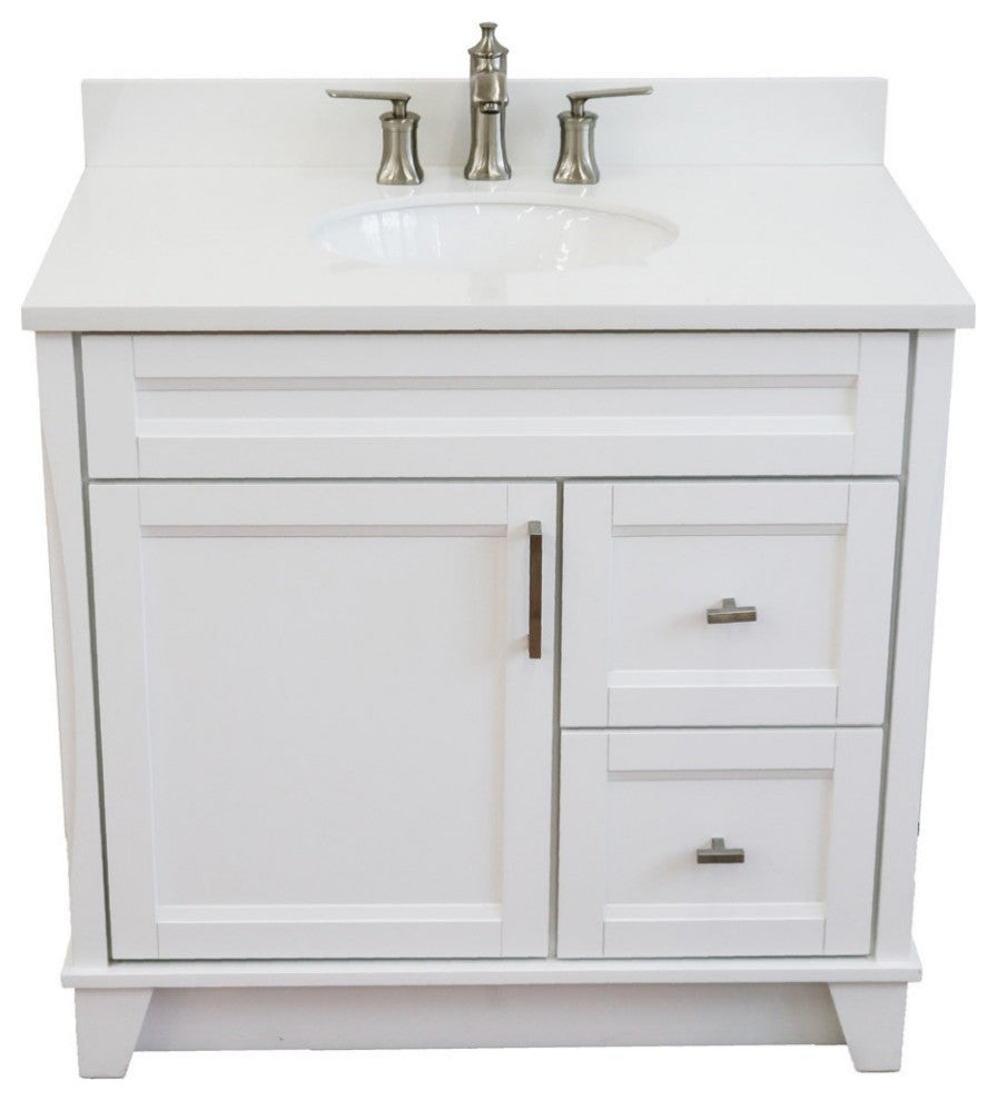 37" Single Sink Vanity, White Finish With White Engineered Stone Top