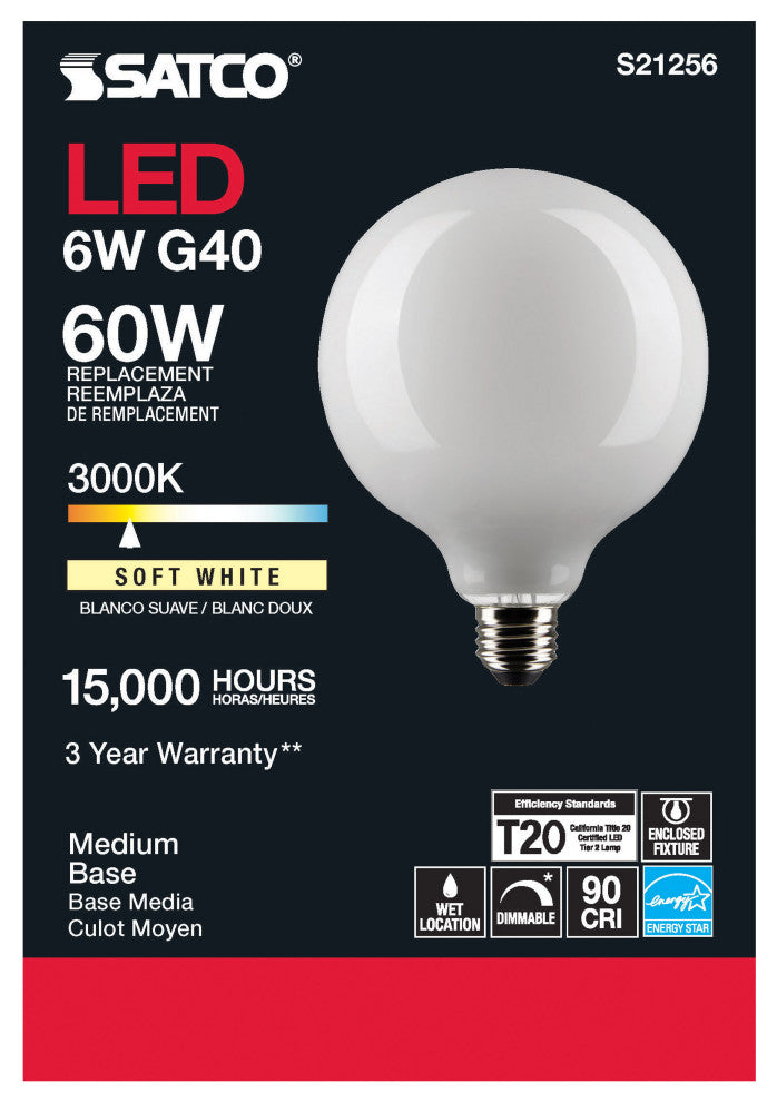 6W G40 LED, White, Medium Base, 90 CRI, 3000K, 120V
