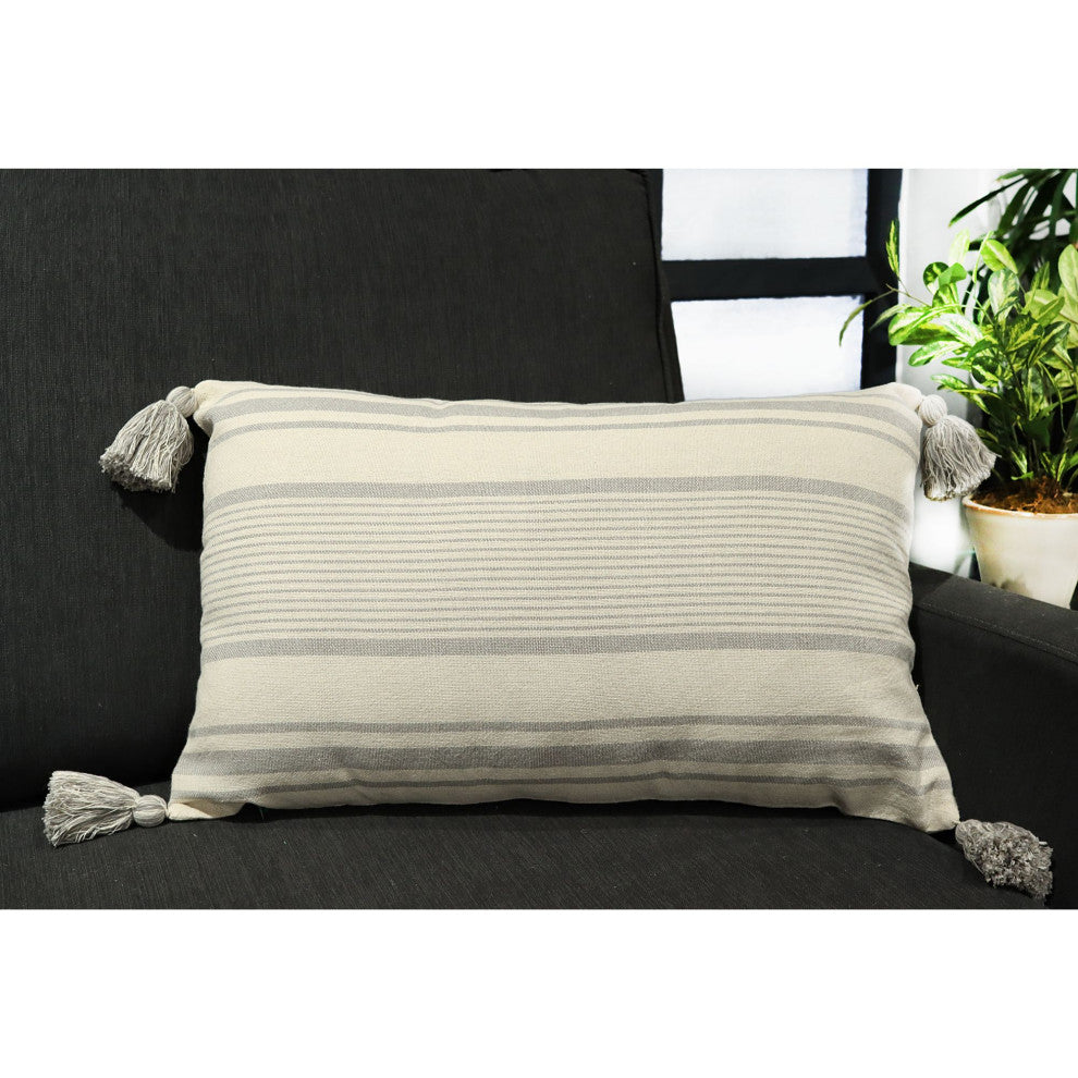 Grey White Machine Woven with Tassels Nolan Throw Pillow, 16" x 26"