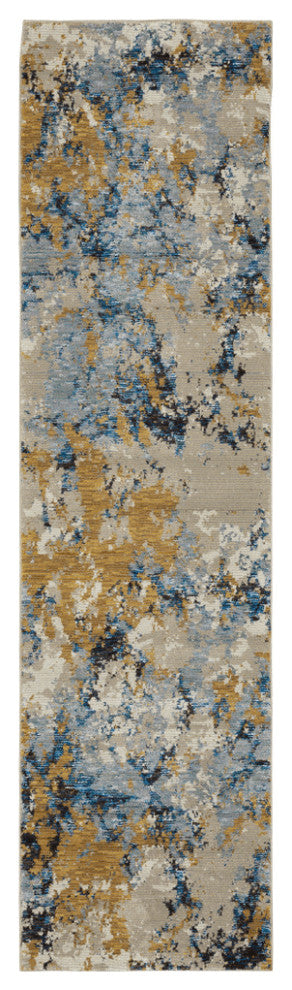 12' Runner Gold Grey and Ivory Abstract Power Loom Runner Rug