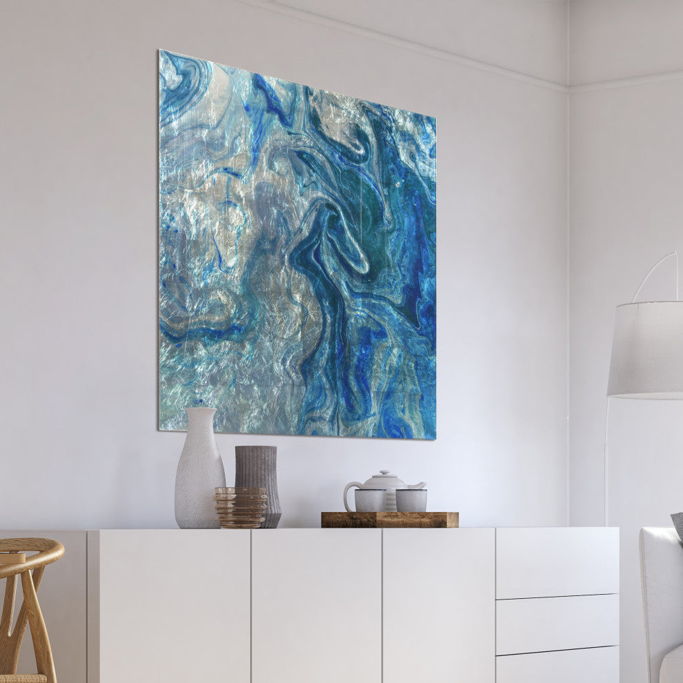 Indigo Minerals Abstract Wall Art Reverse Print Tempered Glass With Silver Leaf