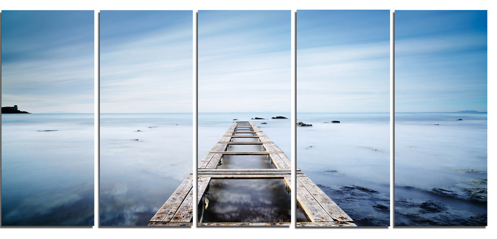"Wooden Jetty in Morning Blue Sea" Landscape Wall Art Print, 5 Panels, 60"x28"