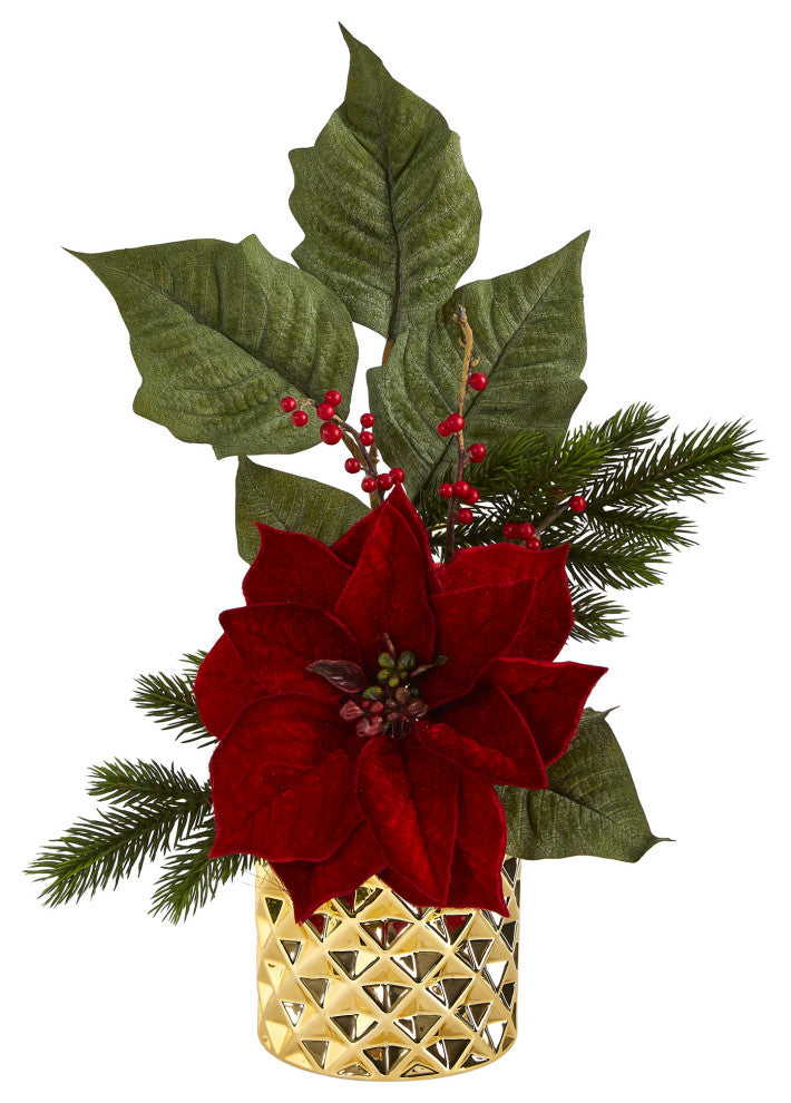 21" Poinsettia, Berries and Pine Artificial Arrangement, Gold Vase
