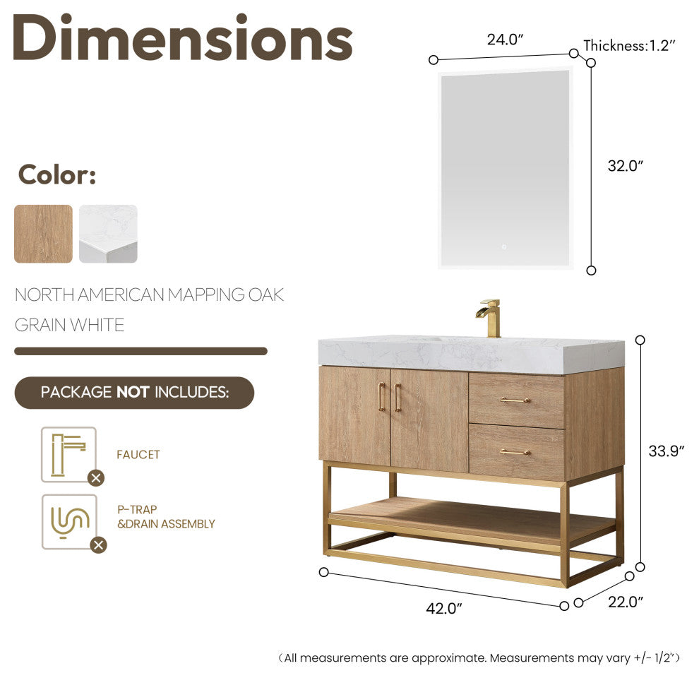 Alistair Vanity, North American Oak With Countertop, 42", With Mirror