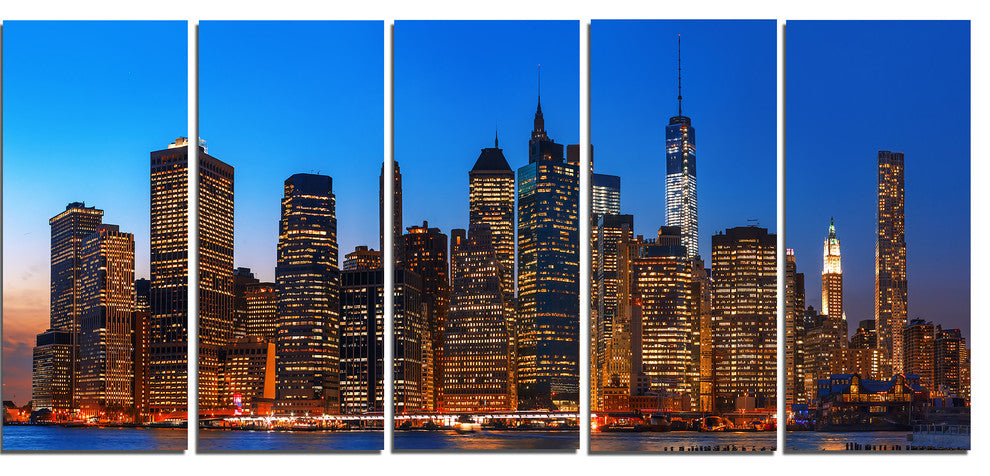 Night New York City Panorama, Extra Large Canvas Print, 60"x28", 5 Panels