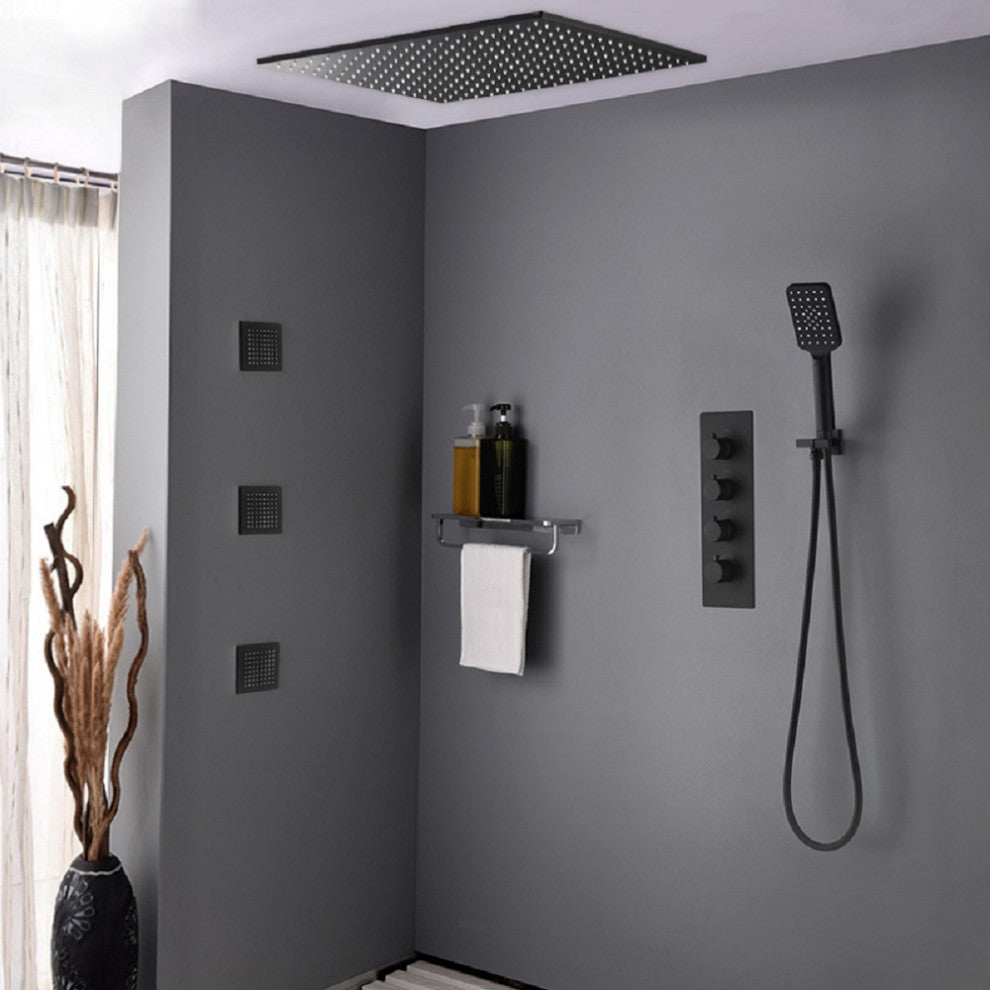 Black Shower System Large Rainfall Shower Head with Hand Shower and 3 Body Jets, 16 Inches With Thermostatic Shower Valve