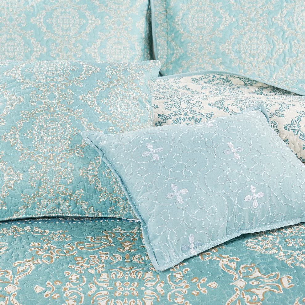 Mystic Quilted 7-Piece Bed Spread Set, Teal/Turquoise, Over-Sized King
