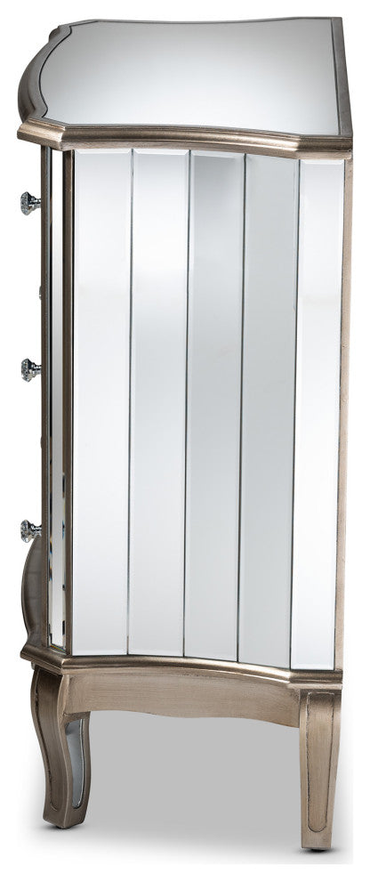 Elgin Brushed Silver Finished Wood and Mirrored Glass 4-Drawer Cabinet