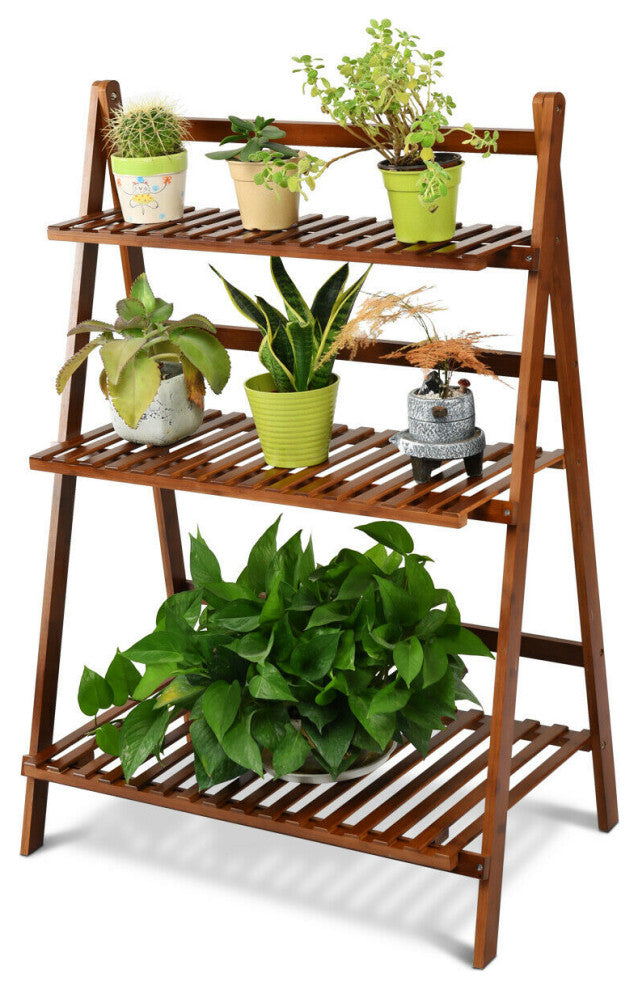 Costway 3 Tier Folding Shelf Stand Bamboo Flower Pot Display Rack Organizer