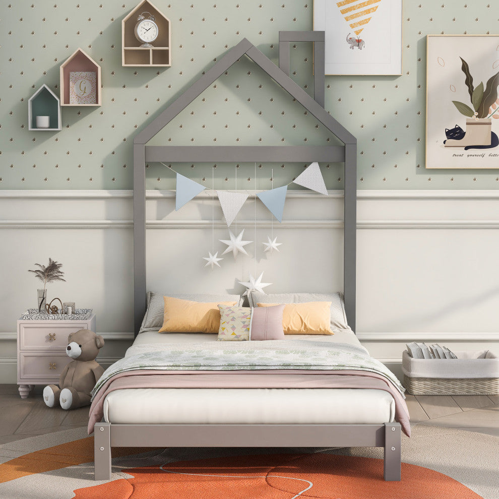 Gewnee  Wood Twin Platform Bed with House Shaped Headboard in Gray