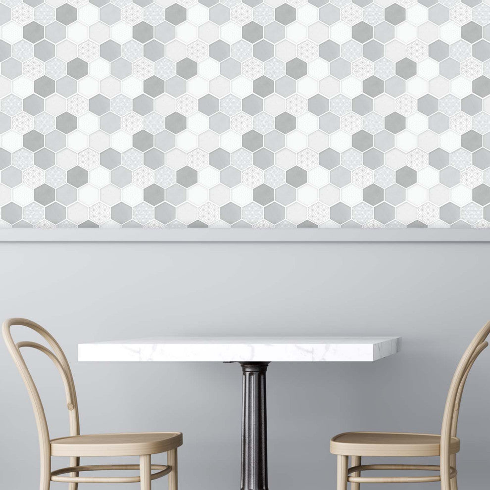 12"x6" Honey Hexa Grey Glossy 3D Tile Stickers, Set of 12