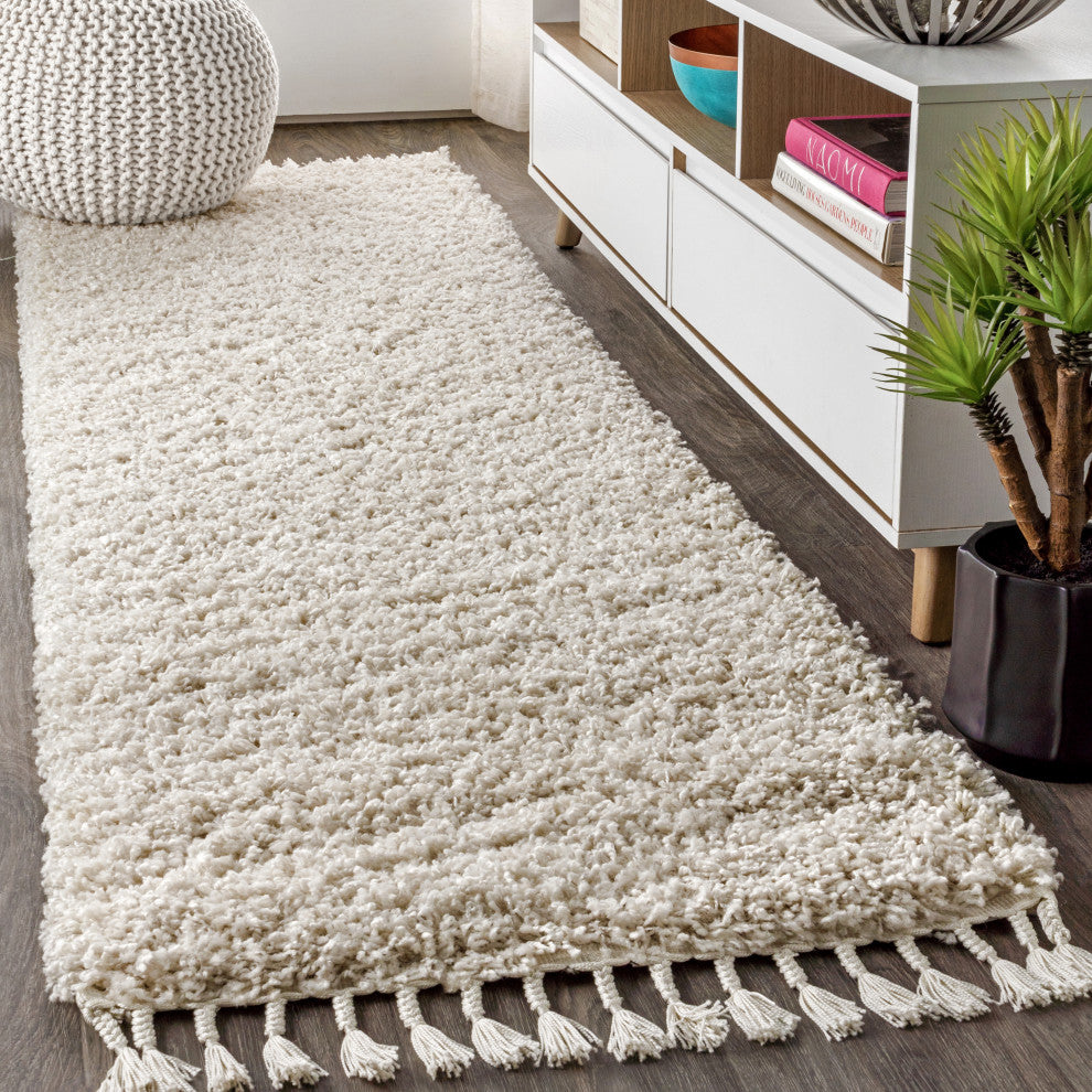 Mercer Shag Plush Tassel Area Rug, Cream, 2 X 8