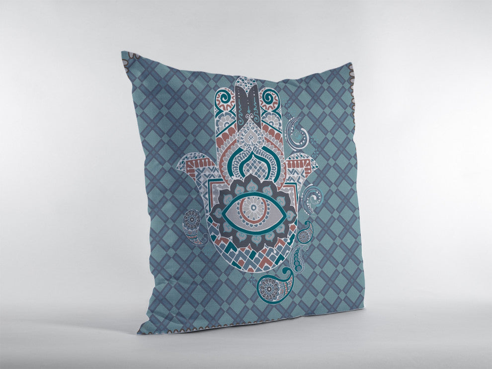 18 Slate Blue Hamsa Boho Suede Throw Pillow