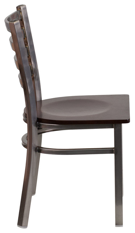 Clear Coated Ladder Back Metal Restaurant Chair, Walnut Wood Seat